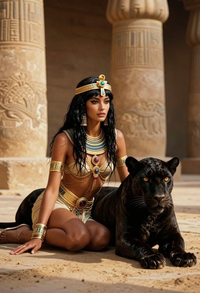 Ancient Egyptian Queen with Black Panther - AI image template preview