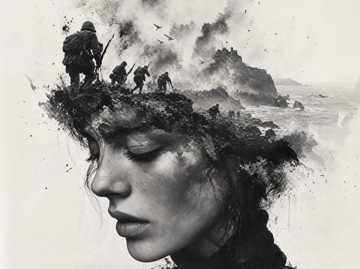 Black-and-White Wartime Ink Scene - AI image template preview