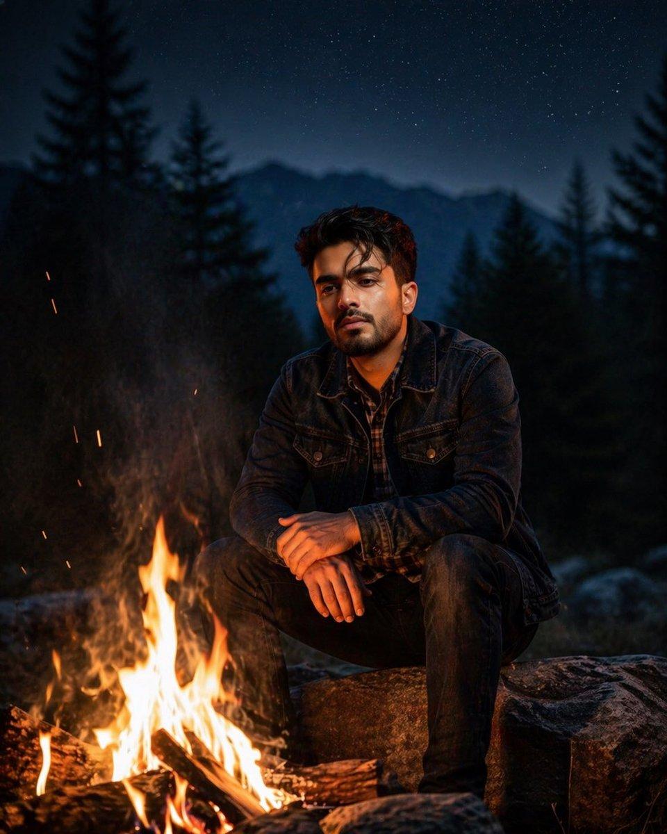 Cinematic Forest Campfire Portrait - AI image template preview