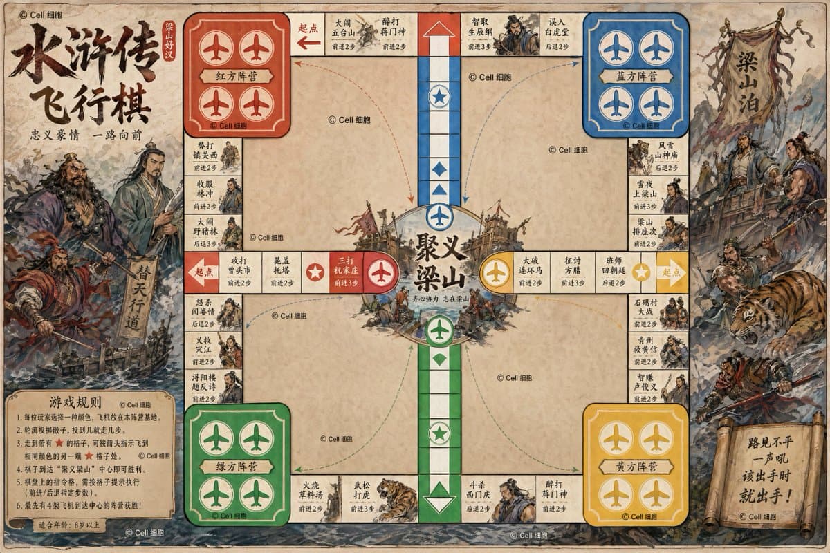 Water Margin Themed Flying Chess Board - AI image template preview