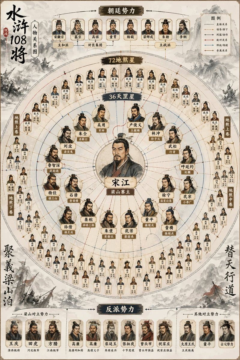 Water Margin 108 Heroes Relationship Map - AI image template preview