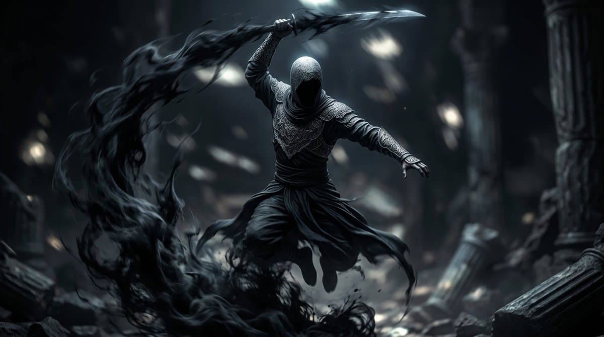 Shadow Assassin in Ruined Temple - AI image template preview