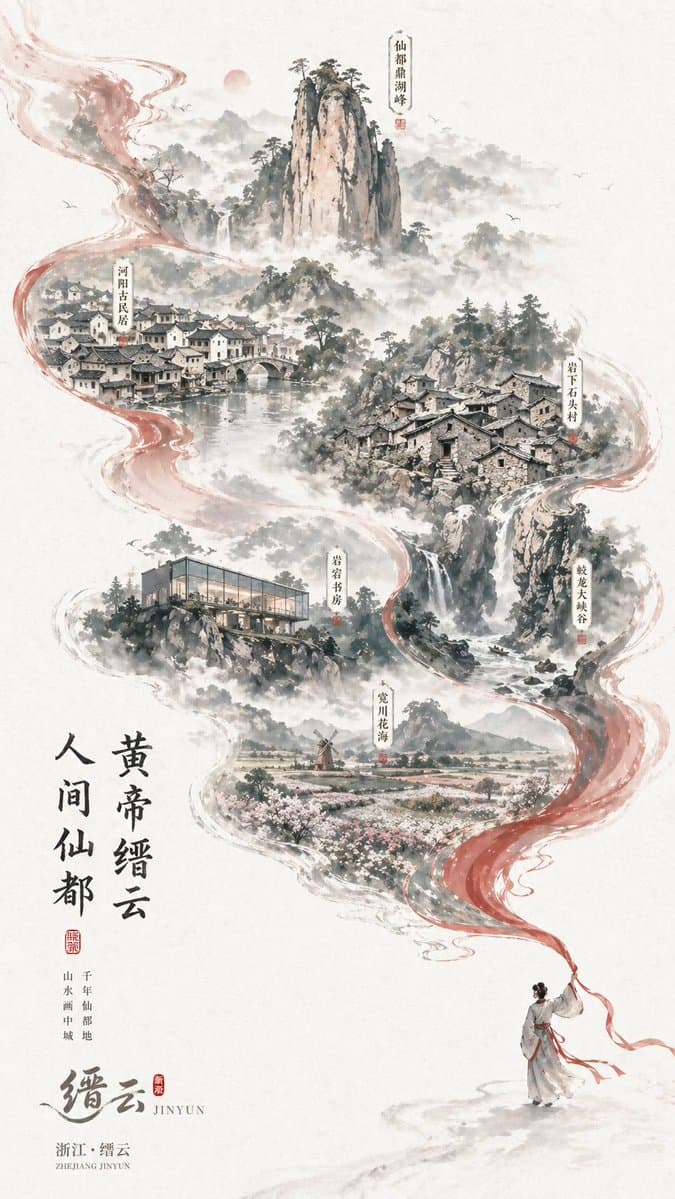 Chinese Ink-Wash Jinyun Travel Poster - AI image template preview