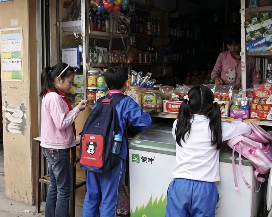 Chinese Schoolchildren at Corner Shop - AI image template preview
