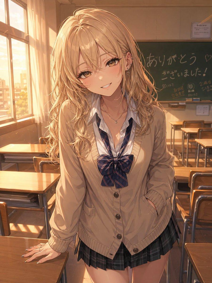 Otaku-Friendly Gyaru in Sunset Classroom - AI image template preview