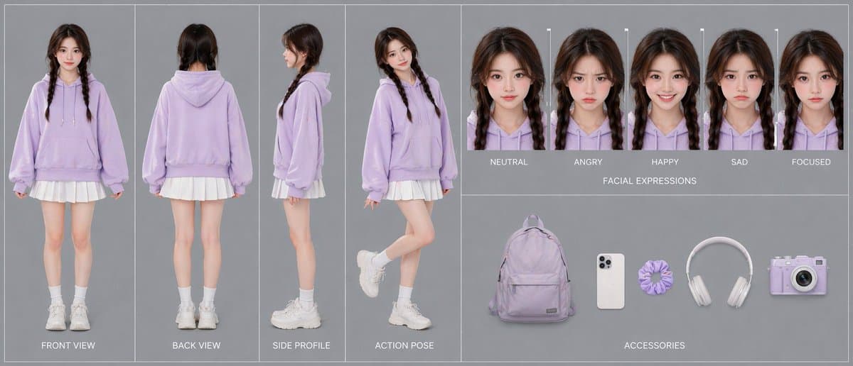 Lavender Hoodie Character Reference Sheet - AI image template preview