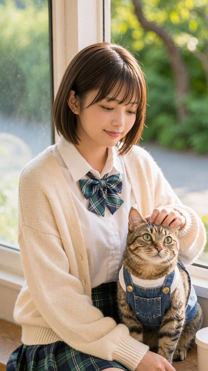 Schoolgirl With Cat by Sunlit Window - AI image template preview