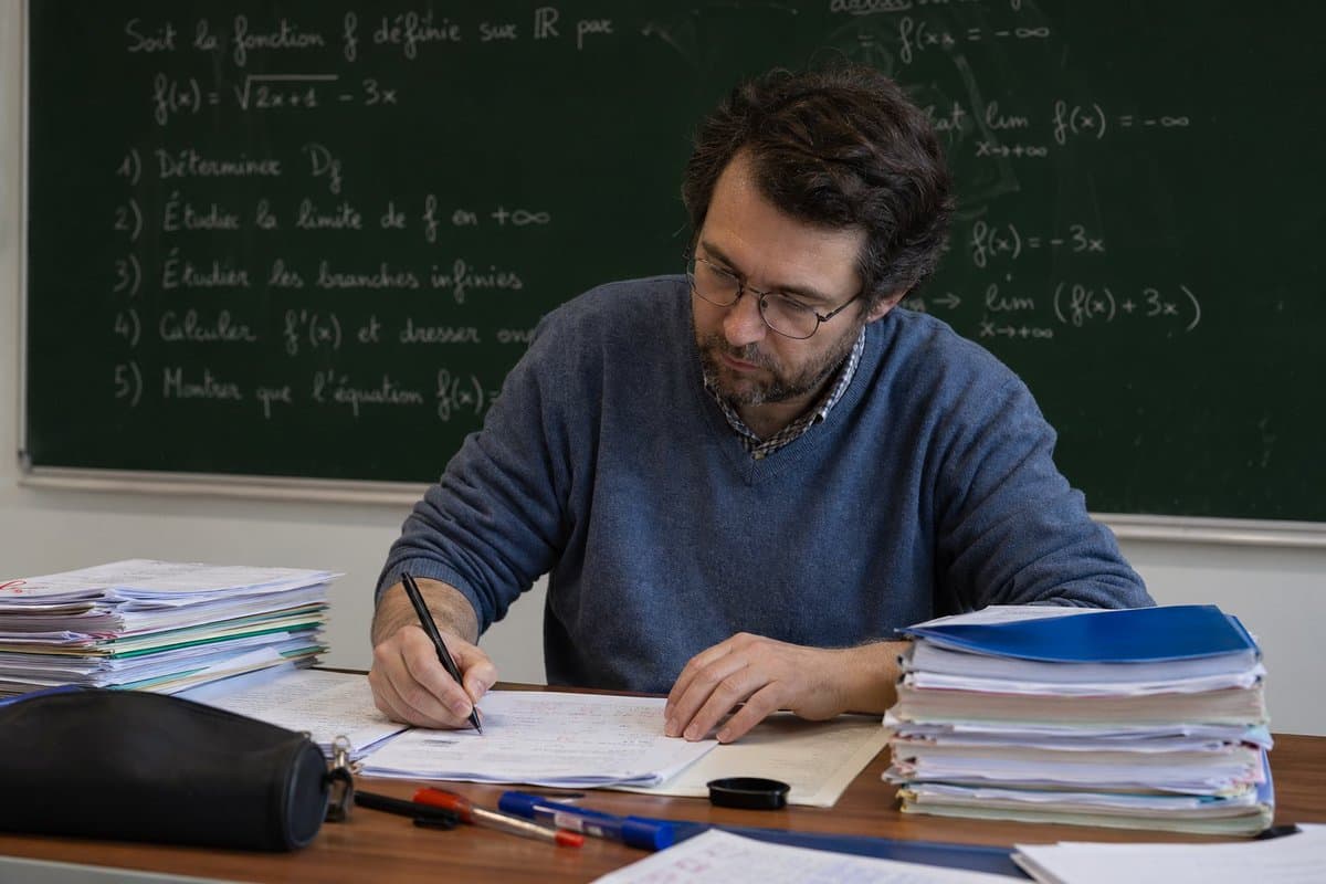 Math Teacher Grading Papers in Classroom - AI image template preview