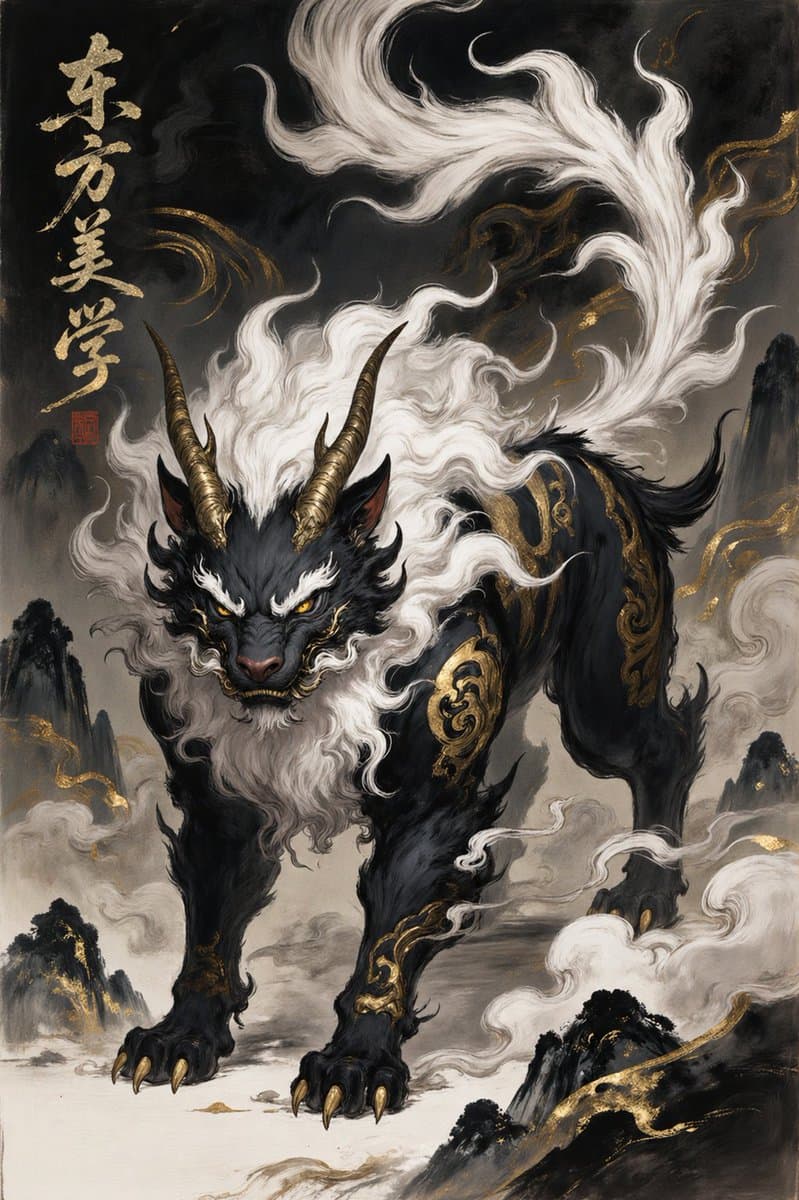 Oriental Mythical Beast Suanni Poster - AI image template preview