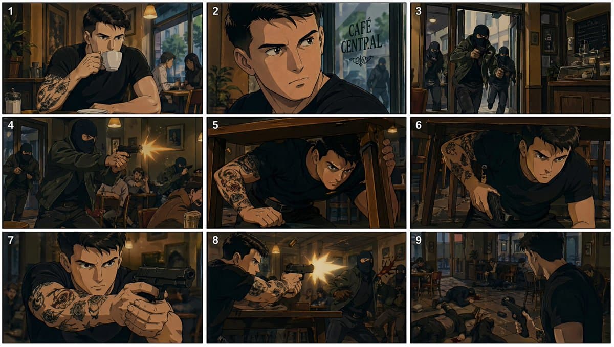 90s Anime Cafe Shootout Storyboard - AI image template preview