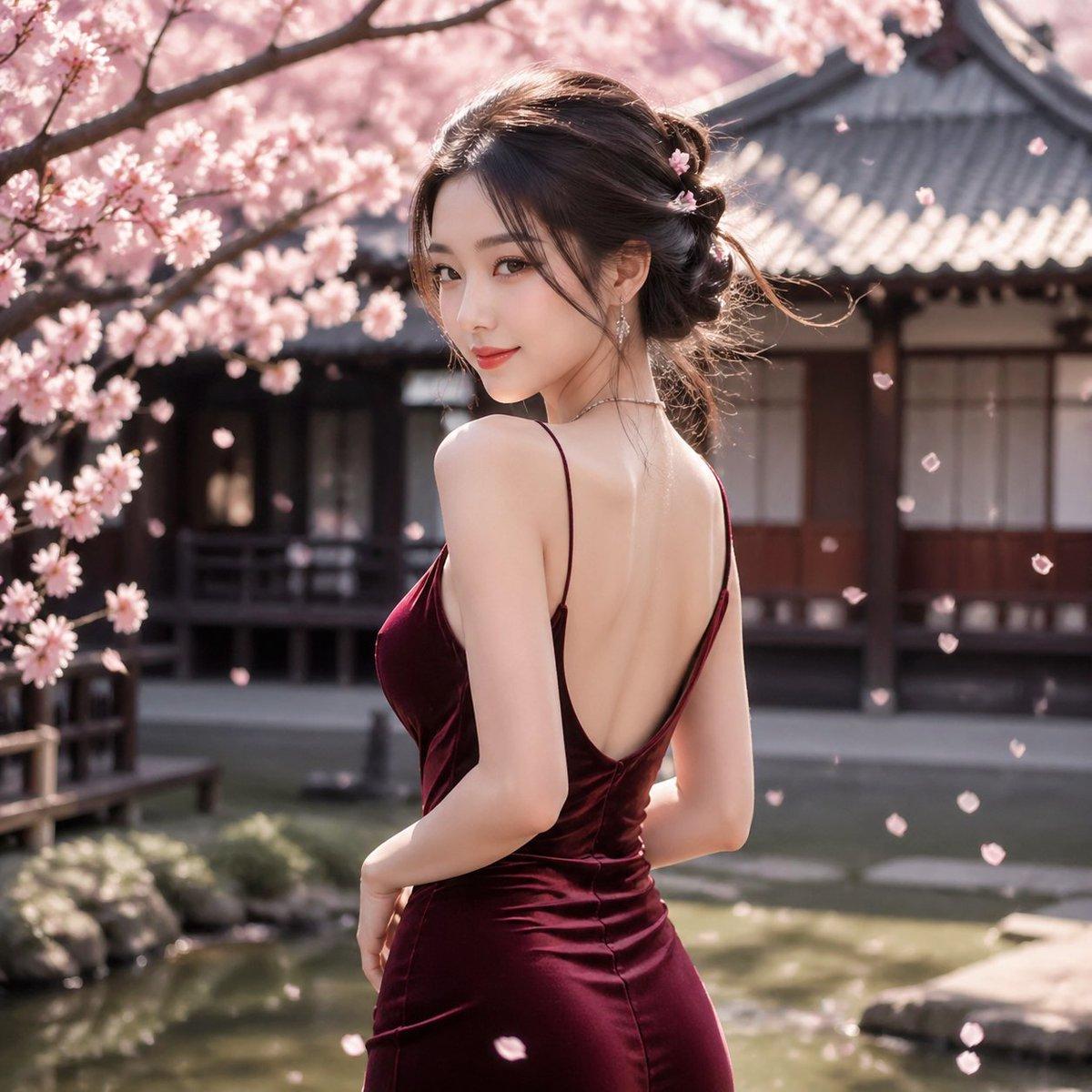 Cherry Blossom Garden Evening Portrait - AI image template preview
