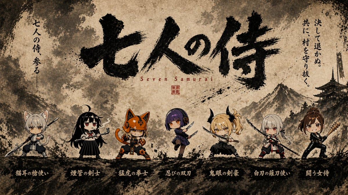 Seven Chibi Samurai Ink Poster - AI image template preview