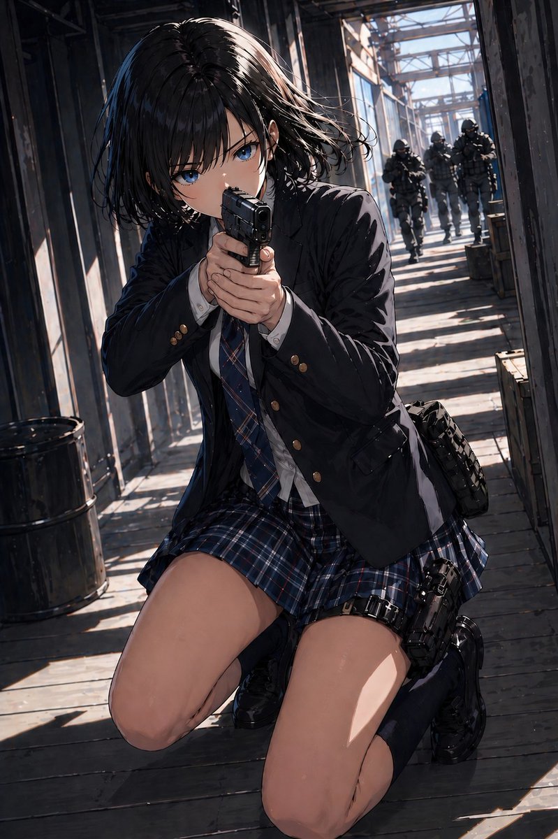 Anime Schoolgirl Gunfight on Industrial Walkway - AI image template preview