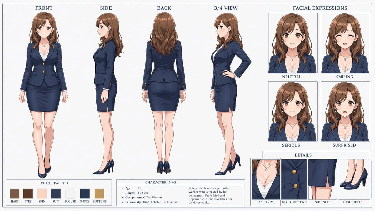 Anime Office Lady Reference Sheet - AI image template preview