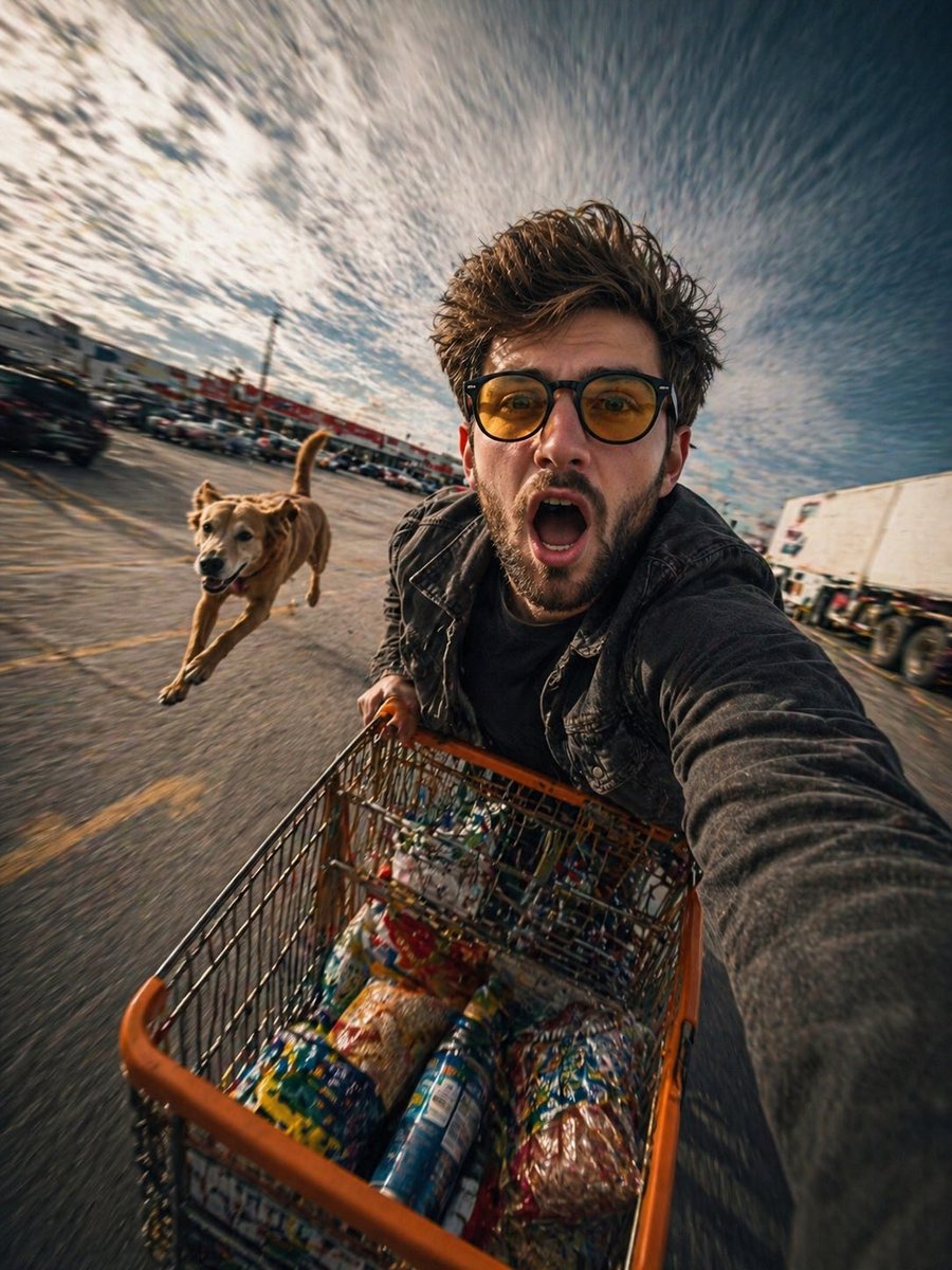 Realistic Action Selfie with Shopping Cart - AI image template preview