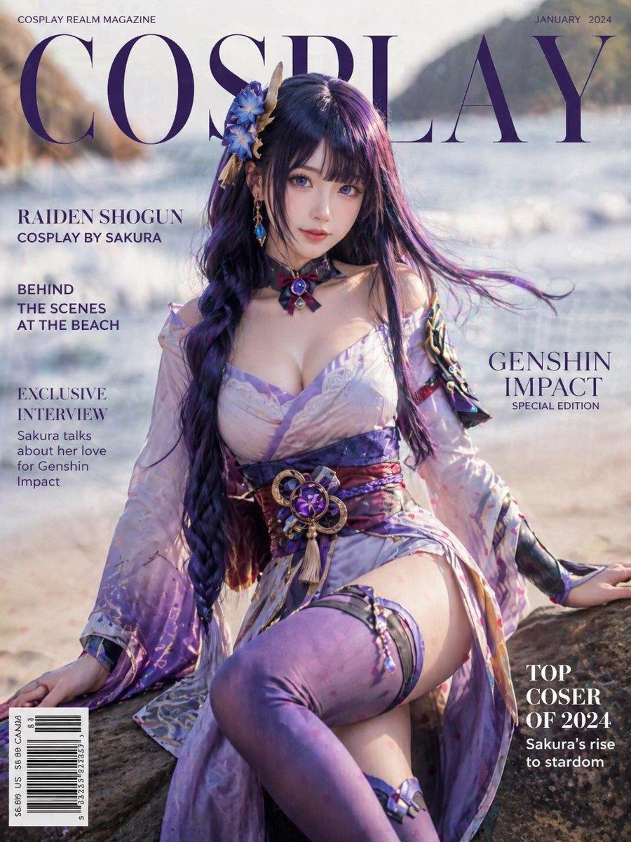 Raiden Shogun Beach Cosplay Cover - AI image template preview