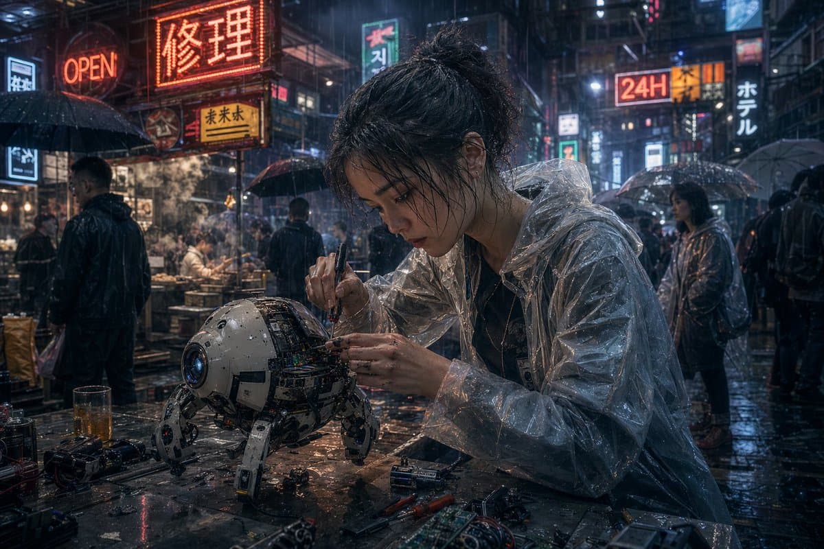 Cyberpunk Rainy Street Robot Repair - AI image template preview