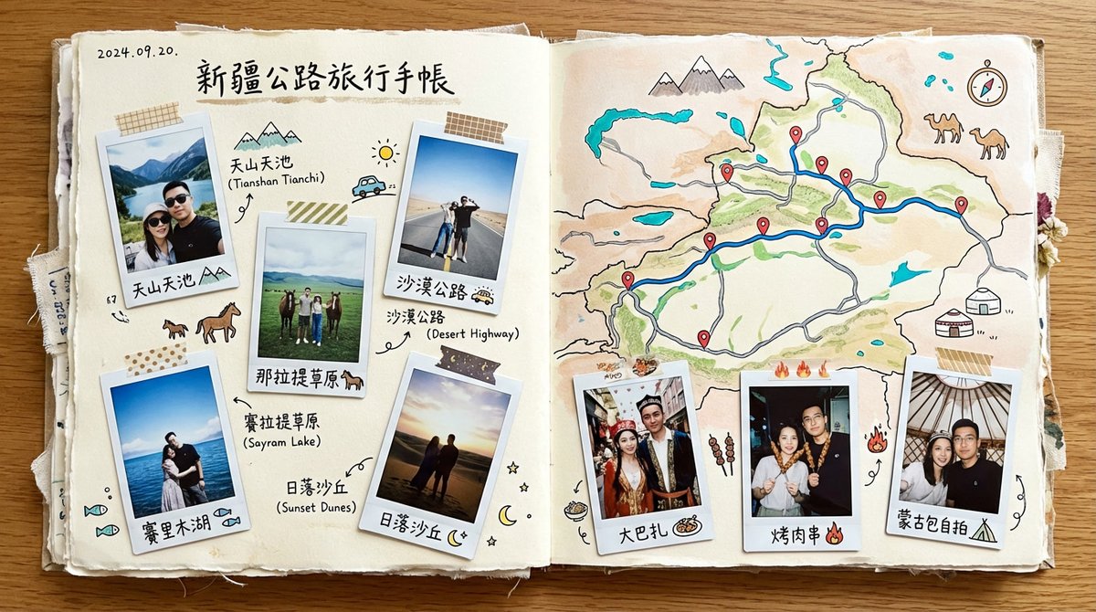Xinjiang Road Trip Scrapbook Spread - AI image template preview