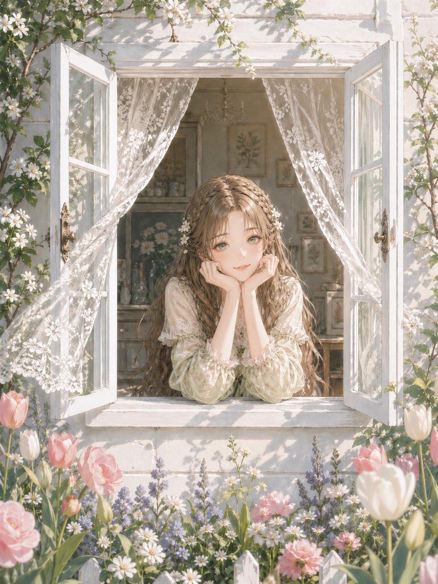 Romantic Cottage Window Garden Scene - AI image template preview