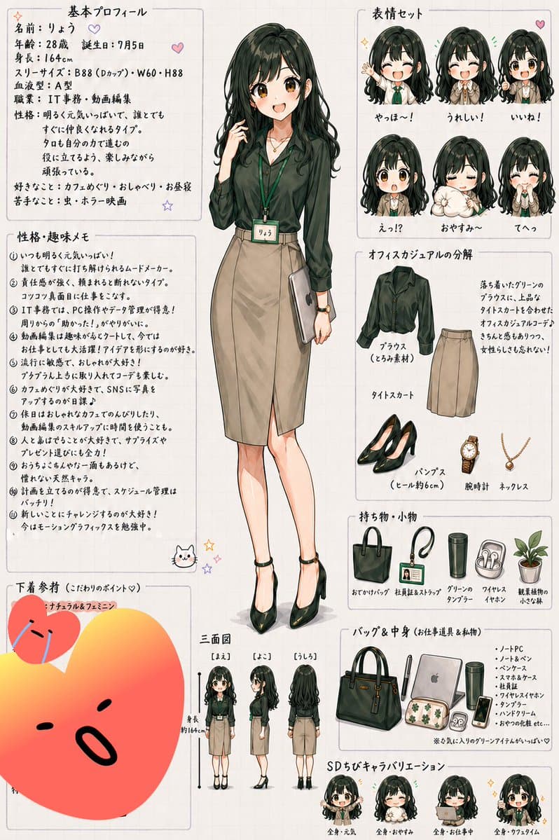 Japanese Office Lady Character Sheet - AI image template preview