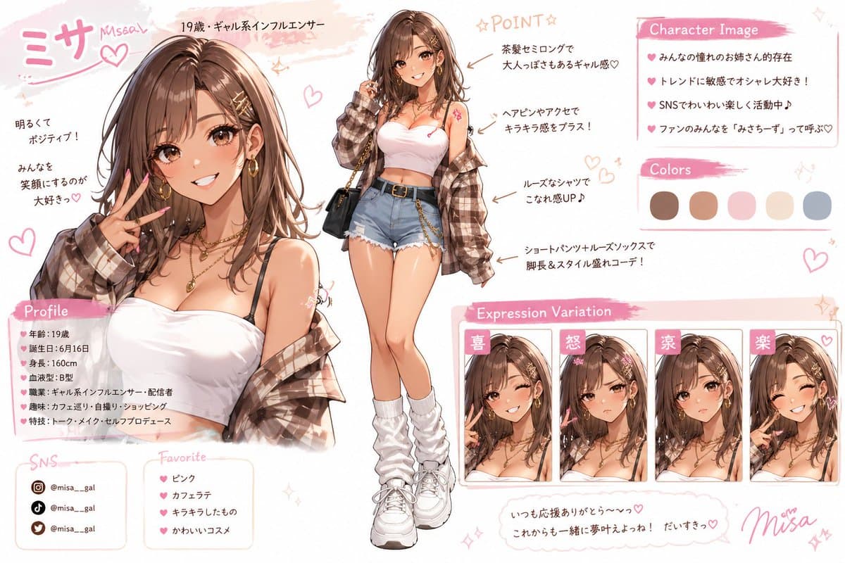 Pastel Gyaru Influencer Character Sheet - AI image template preview