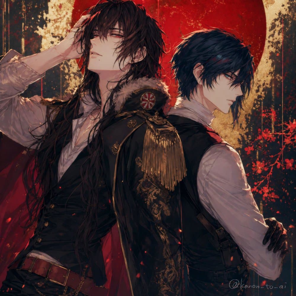 Back-to-Back Dark Bishounen Portrait - AI image template preview