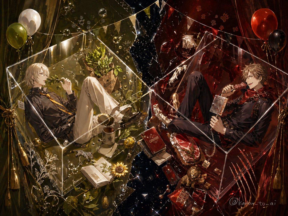 Dual-Themed Anime Boys in Crystal Boxes - AI image template preview