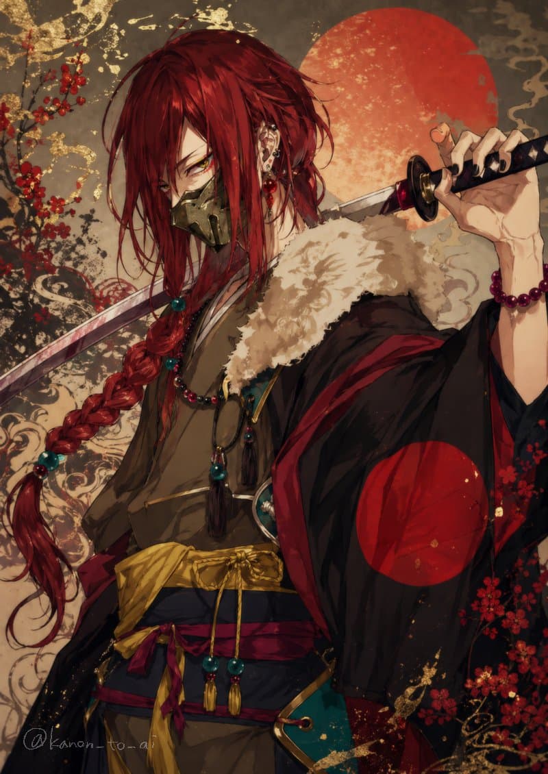 Red-Haired Masked Samurai Portrait - AI image template preview