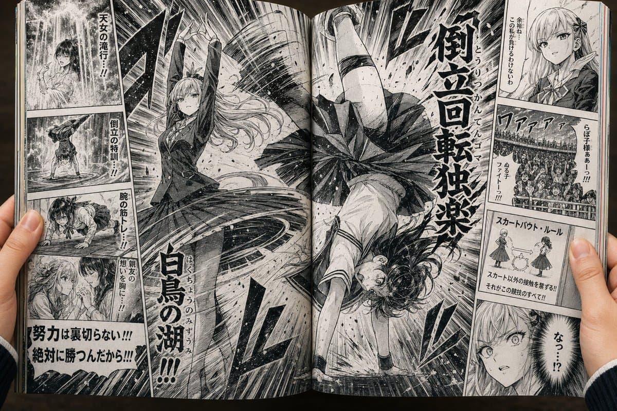 Open Manga Spread of Skirt Battle - AI image template preview