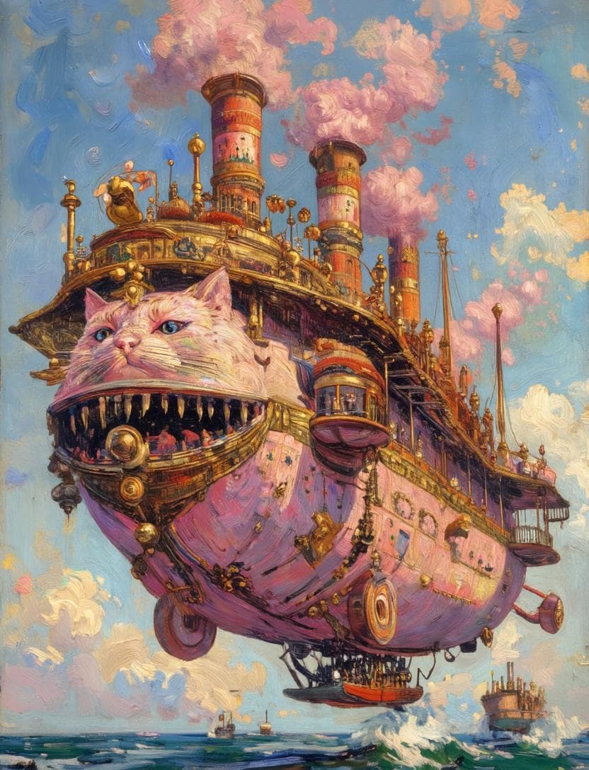 Steampunk Cat Airship Over the Sea - AI image template preview