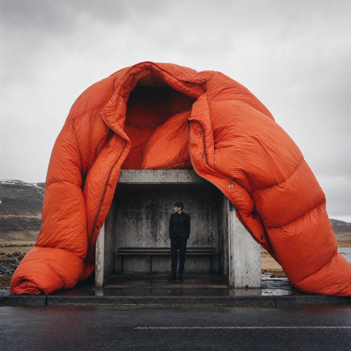 Surreal Orange Puffer Bus Stop Editorial - AI image template preview