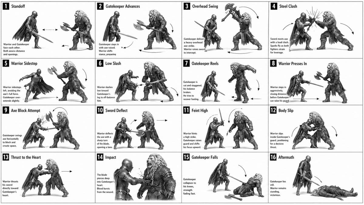 16-Panel Medieval Duel Storyboard - AI image template preview