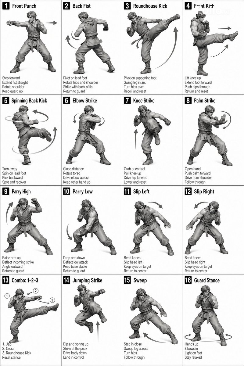 Instructional Martial Arts Movement Sheet - AI image template preview