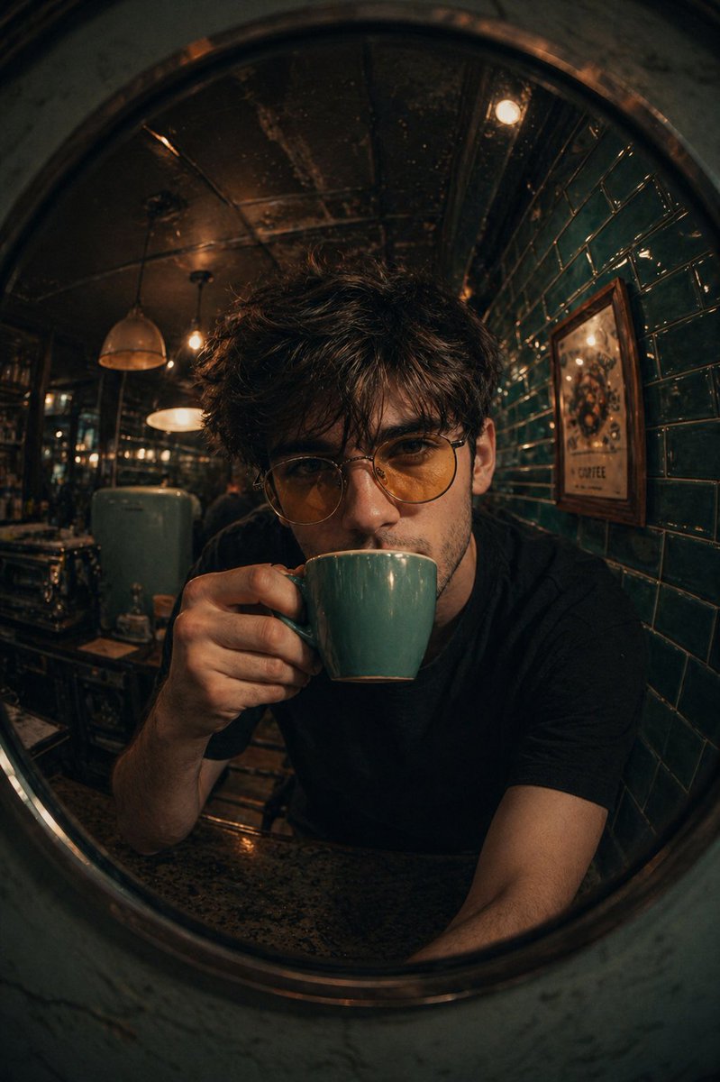 Retro Café Fish-eye Lens Portrait - AI image template preview