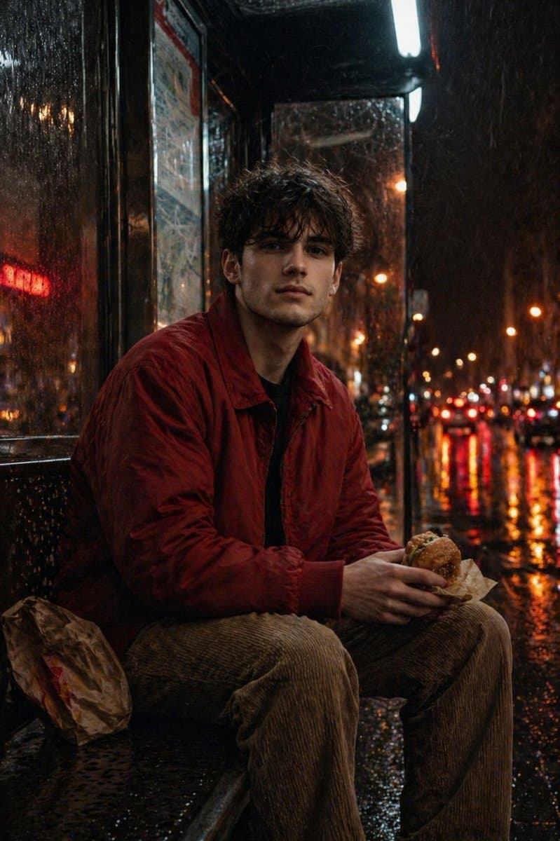 Atmospheric Nighttime Rainy Portrait - AI image template preview