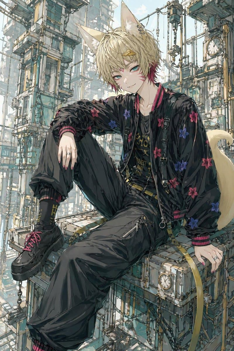 Fox-Eared Streetwear Boy in Steampunk City - AI image template preview