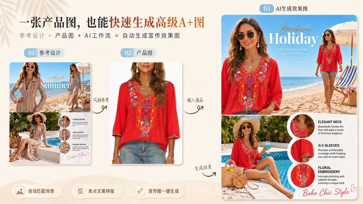 Reference-to-Boho Fashion Ad Remake - AI image template preview