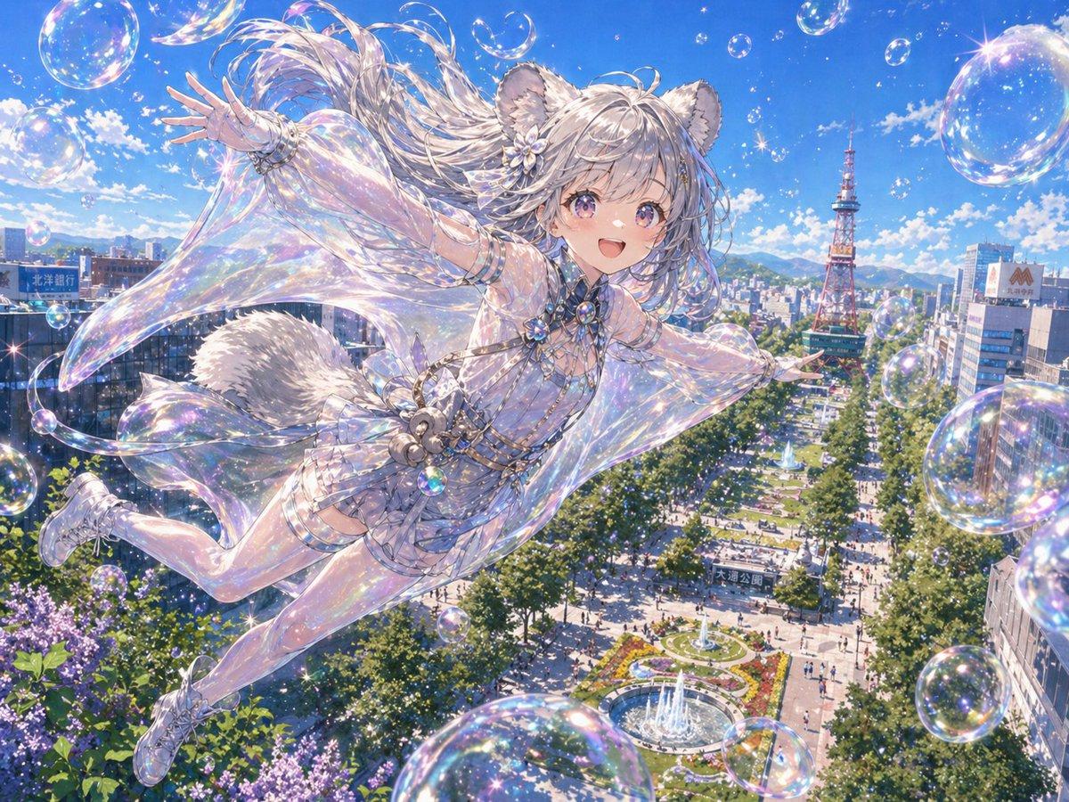 Iridescent Squirrel Girl Above Sapporo - AI image template preview