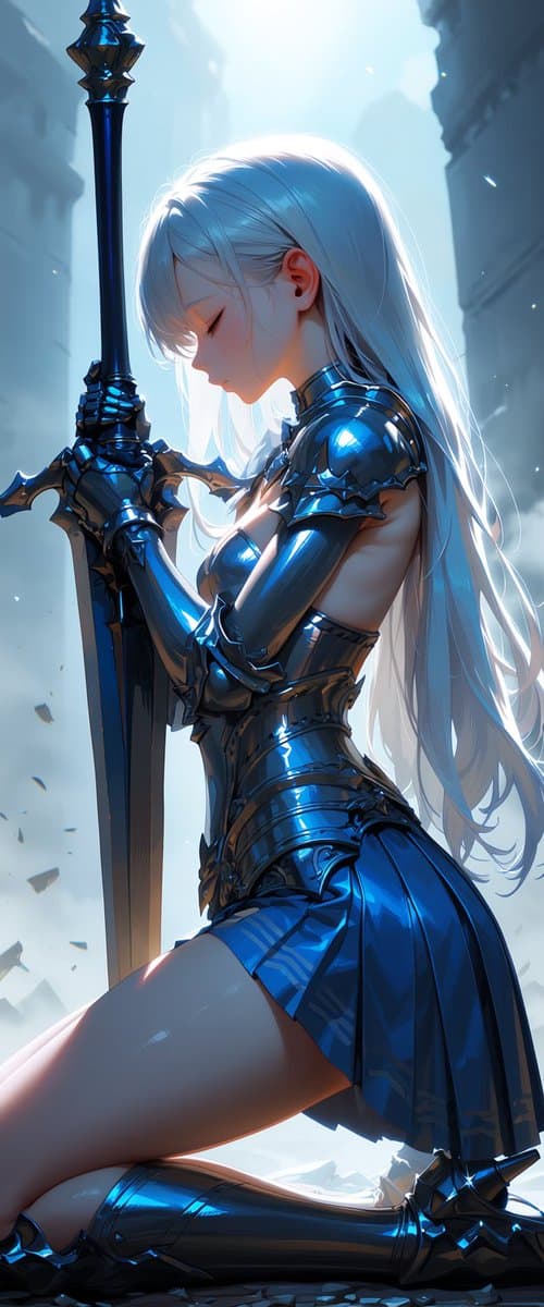Kneeling Blue Armored Knight - AI image template preview