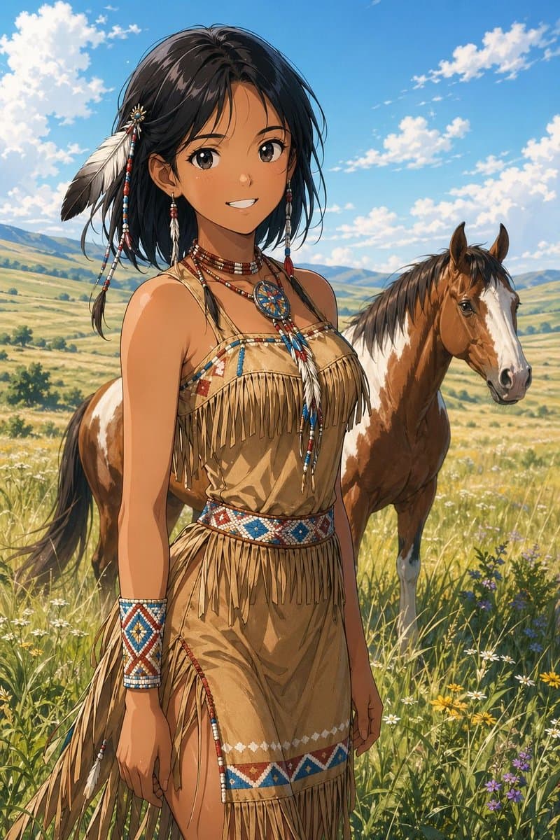 Anime Prairie Girl with Pinto Horse - AI image template preview