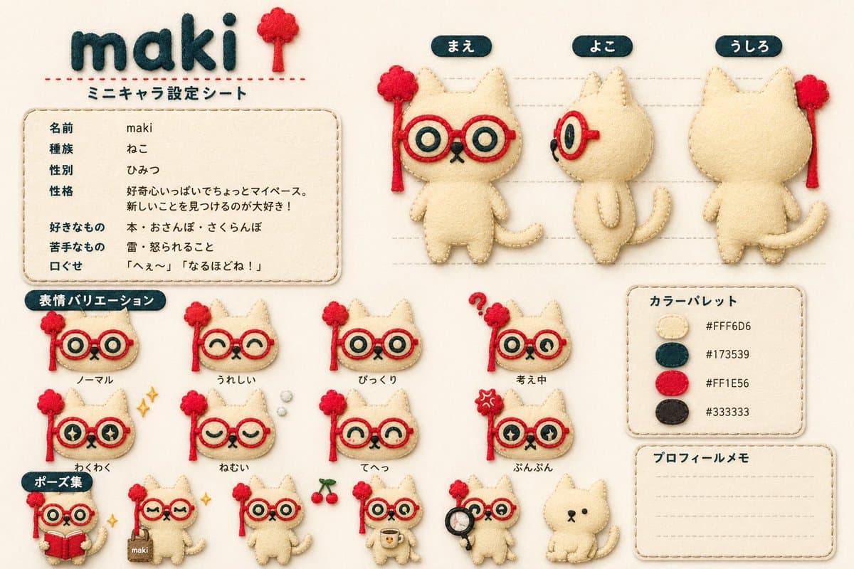 Felt Cat Character Reference Sheet - AI image template preview