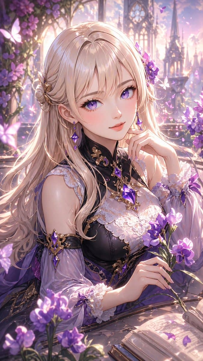 Elegant Fantasy Girl in Violet Garden - AI image template preview