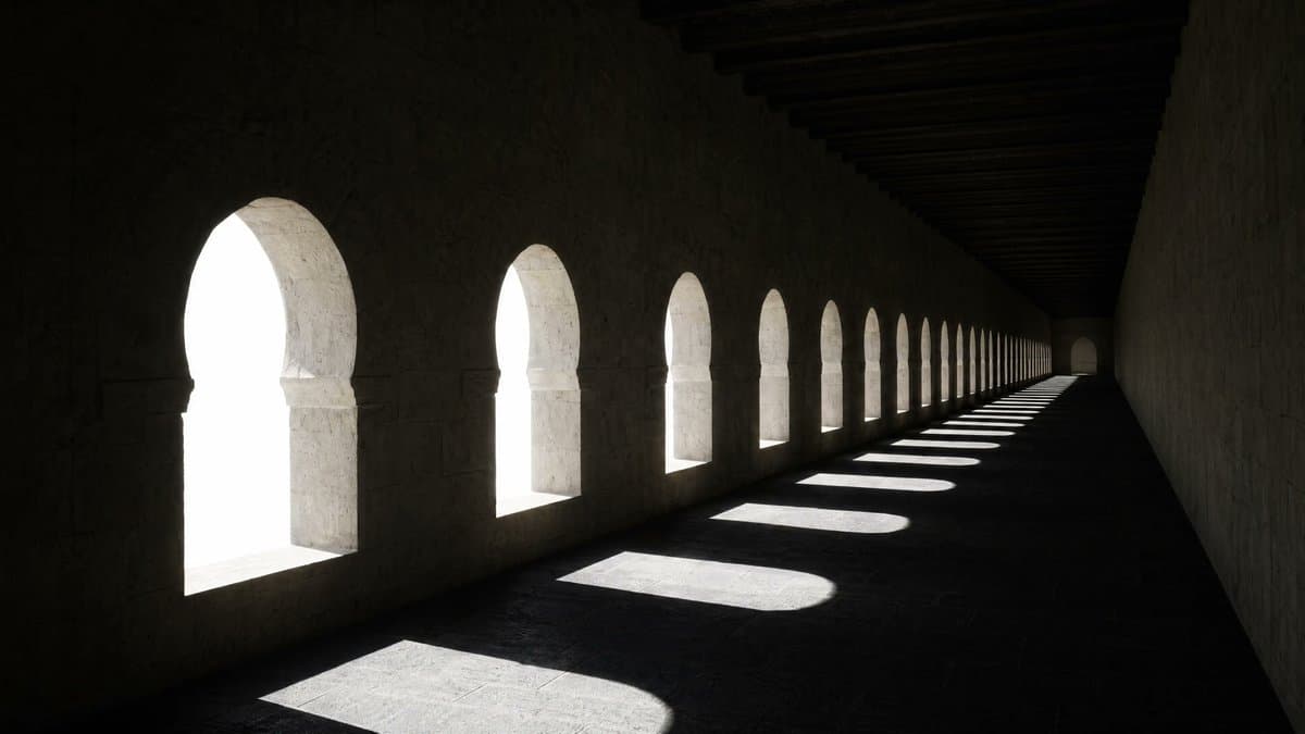 Dramatic Stone Corridor With Arched Windows - AI image template preview
