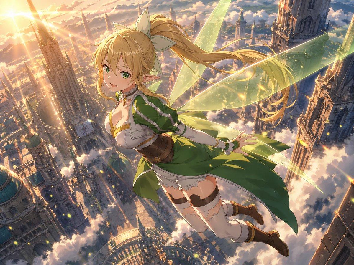 Leafa Flying Above a Golden Sky City - AI image template preview
