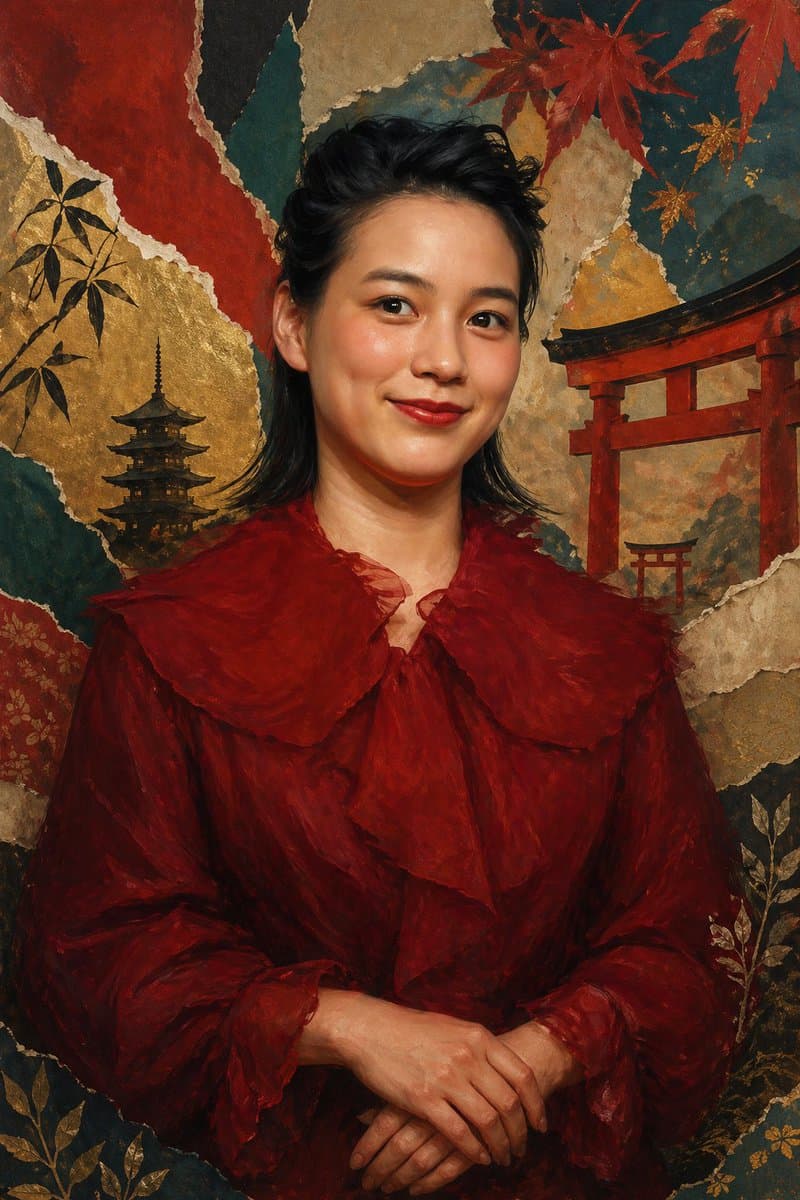 Japanese Collage Portrait in Crimson - AI image template preview