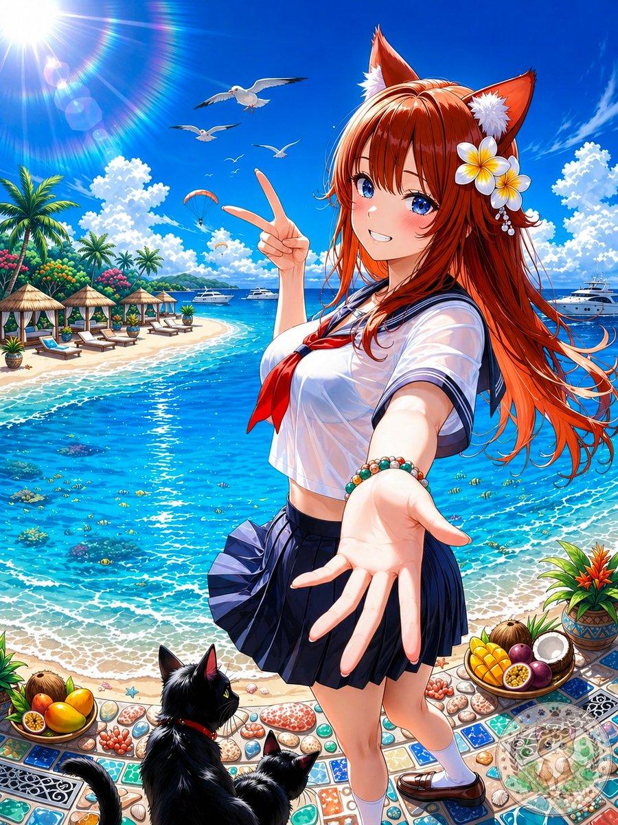 Anime Fox Girl at Tropical Beach - AI image template preview