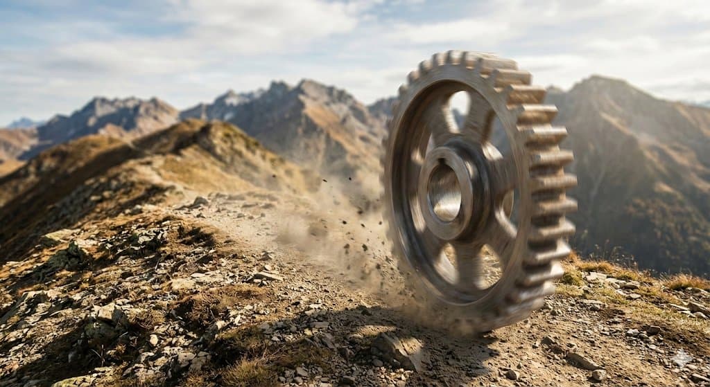Rolling Steel Gear on Mountain Ridge - AI image template preview