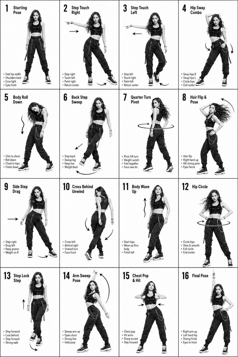 K-Pop Dance 16-Step Instruction Sheet - AI image template preview