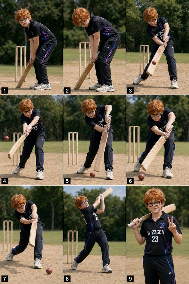9-Panel Boy Cricket Action Collage - AI image template preview