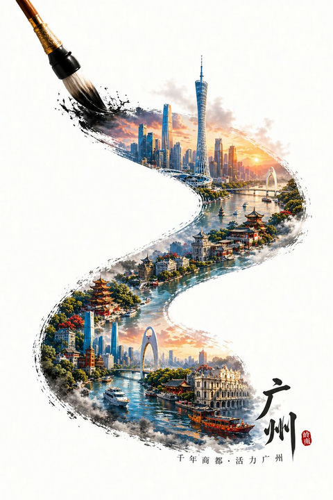 Guangzhou Ink Brush Travel Poster - AI image template preview